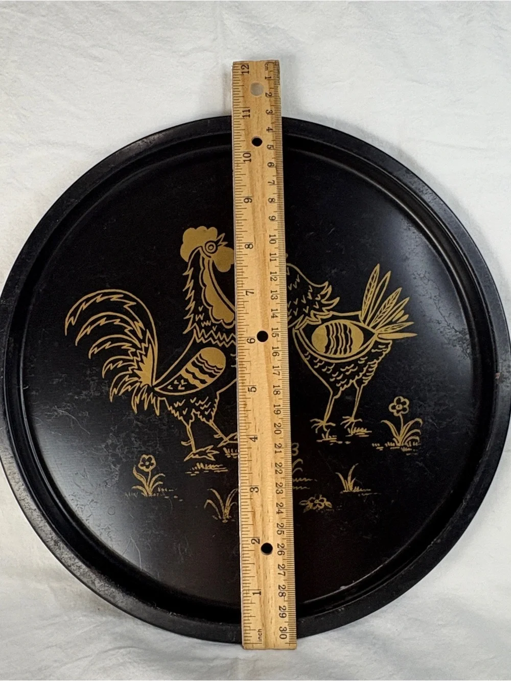Vtg MCM 1950s Black Metal Serving Tray with Gold Rooster and Hen folk Design